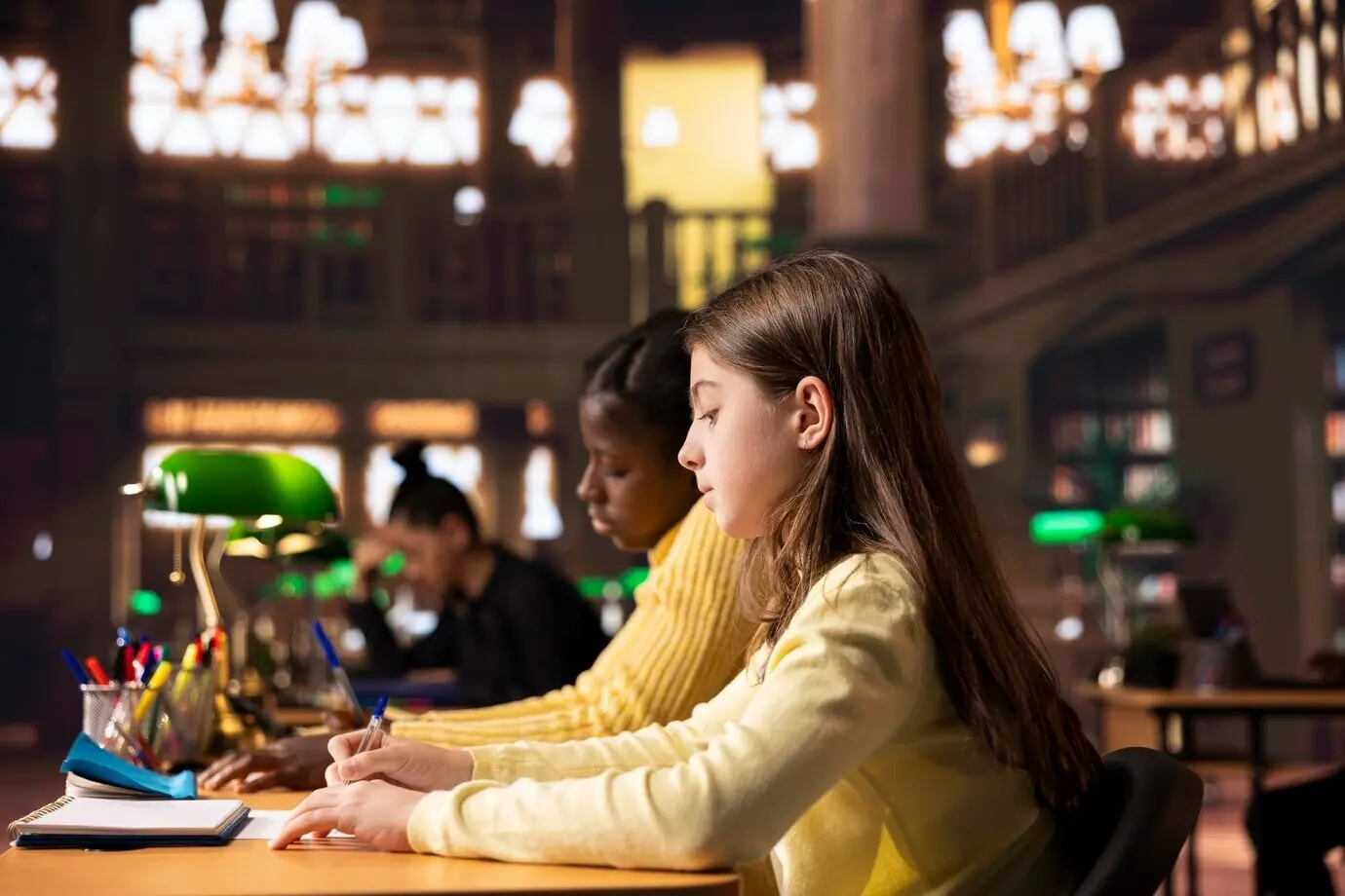 Dos estudiantes jóvenes se preparan para una clase y escriben ideas en cuadernos.